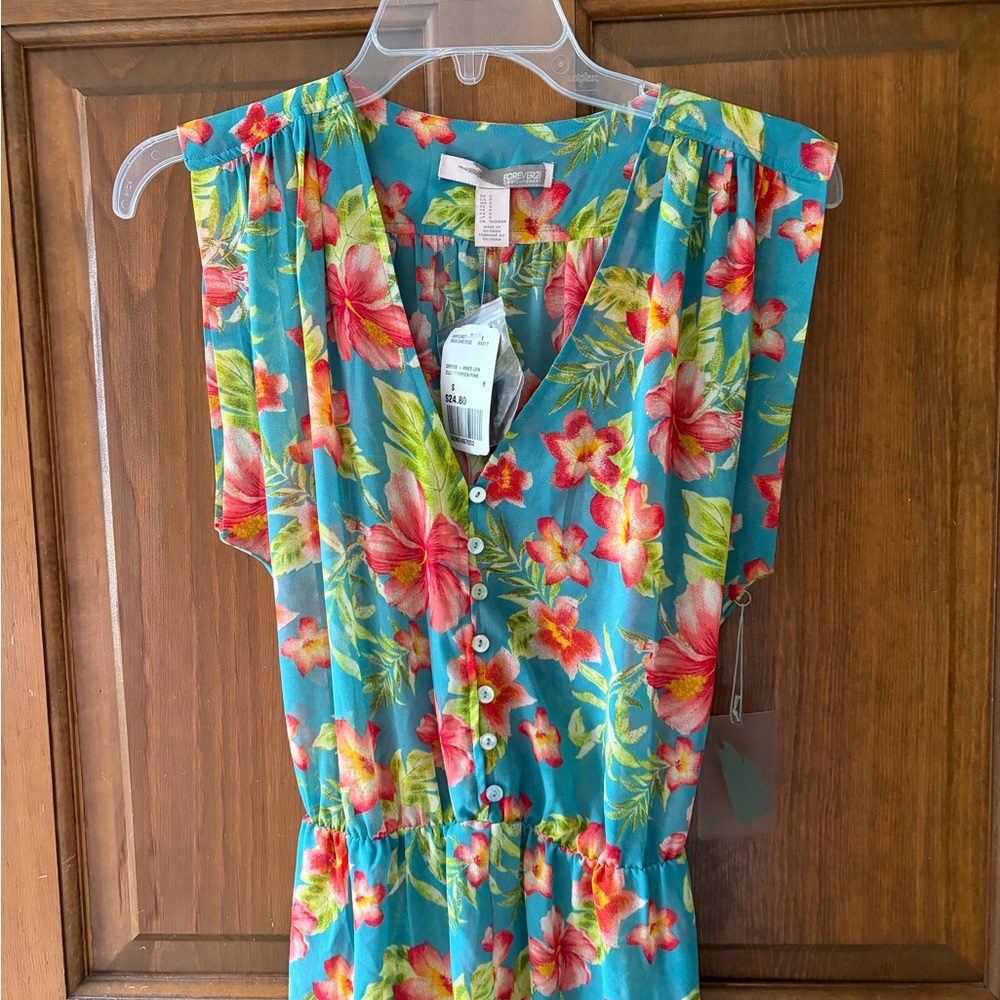 NWT S Forever 21 Blue / Teal Sheer Dress with Pink / Green Floral Pattern, Belt